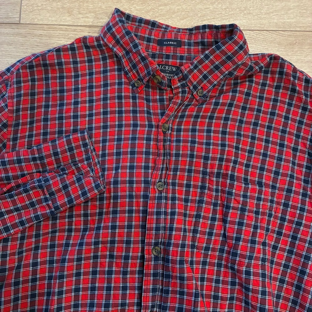 J. Crew Men’s Brushed Twill Button Down Shirt Red Navy Plaid Size XL
